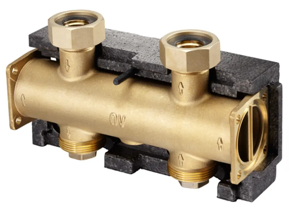 Messingener Wechselventilblock mit integrierter Wärmedämmung, zwei Anschlüssen und Pfeilmarkierungen zur Strömungsrichtung, geeignet für Modulverteiler von Oventrop.